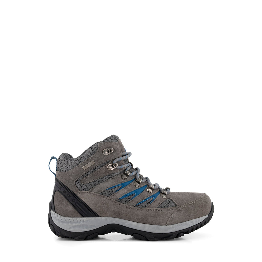 Grey lace-up hiking boots with blue accents and lugged soles
