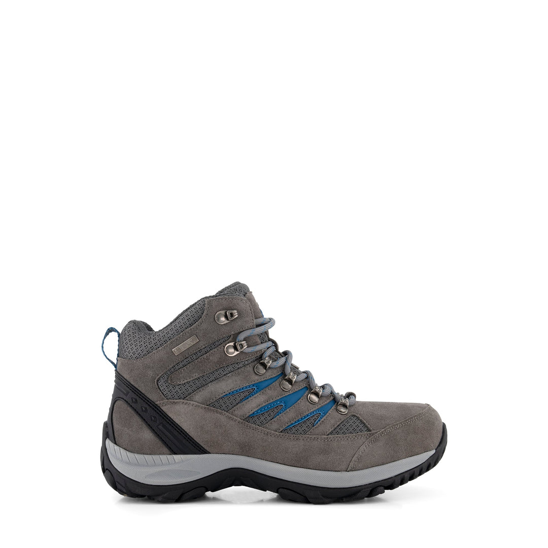 Grey lace-up hiking boots with blue accents and lugged soles