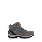 Grey lace-up hiking boots with blue accents and lugged soles