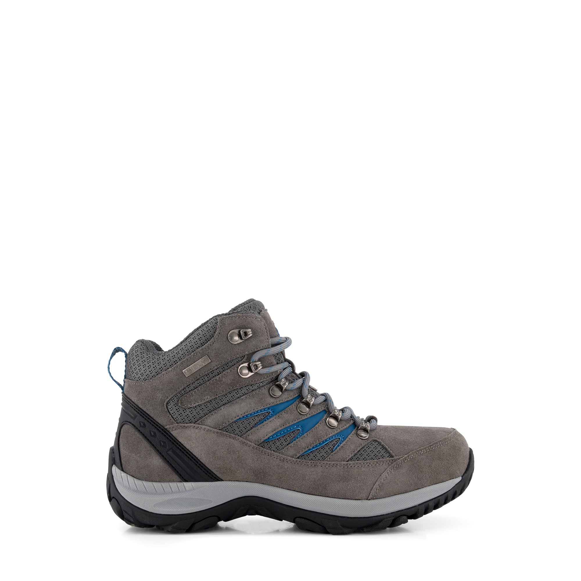 Grey lace-up hiking boots with blue accents and lugged soles