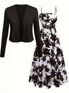 Women's floral midi dress with sweetheart neckline and matching long-sleeve cardigan