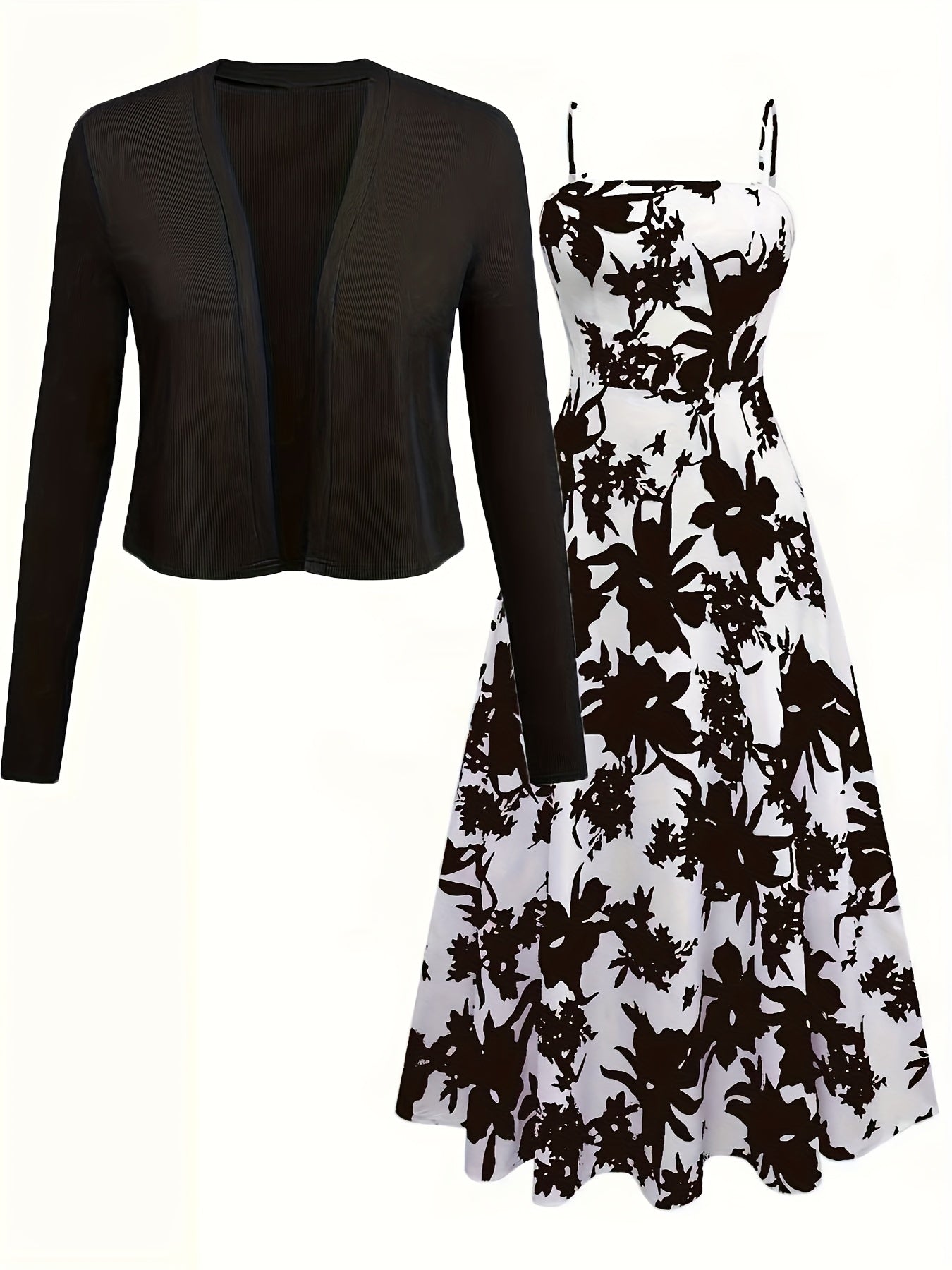 Women's floral midi dress with sweetheart neckline and matching long-sleeve cardigan