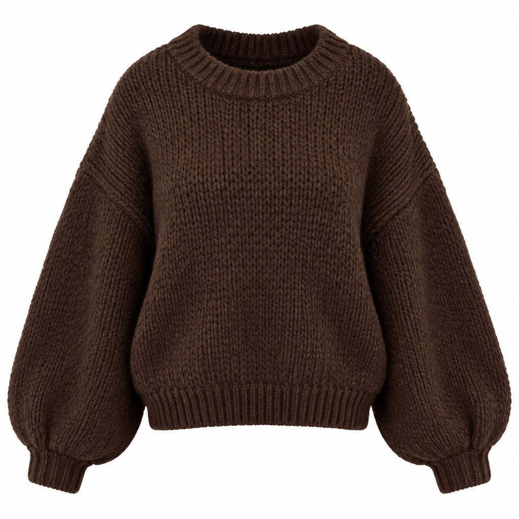 Women's brown ribbed knit jumper with crew neck and long balloon sleeves