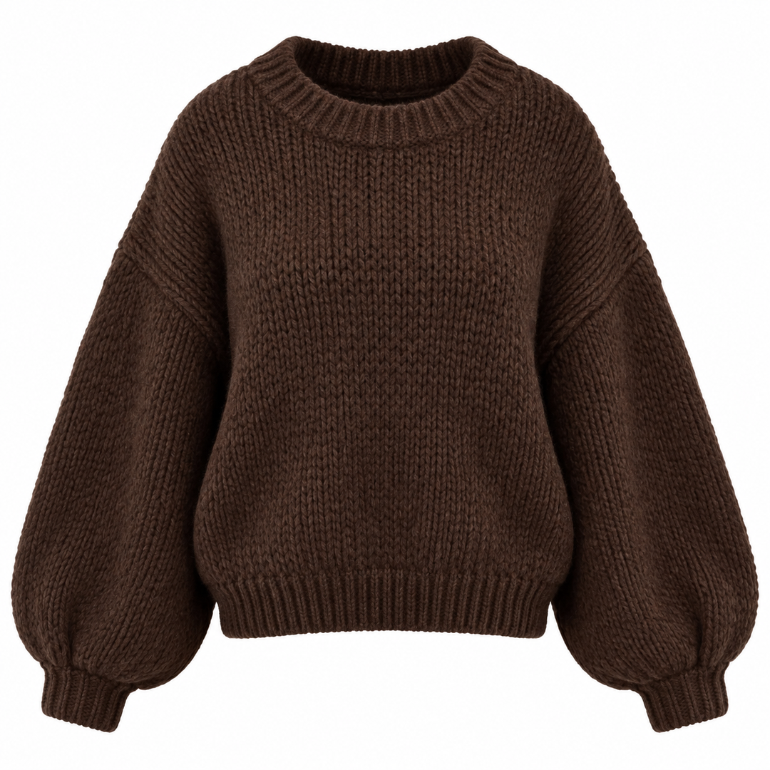 Women's brown ribbed knit jumper with crew neck and long balloon sleeves