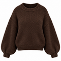 Women's brown ribbed knit jumper with crew neck and long balloon sleeves