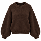 Women's brown ribbed knit jumper with crew neck and long balloon sleeves