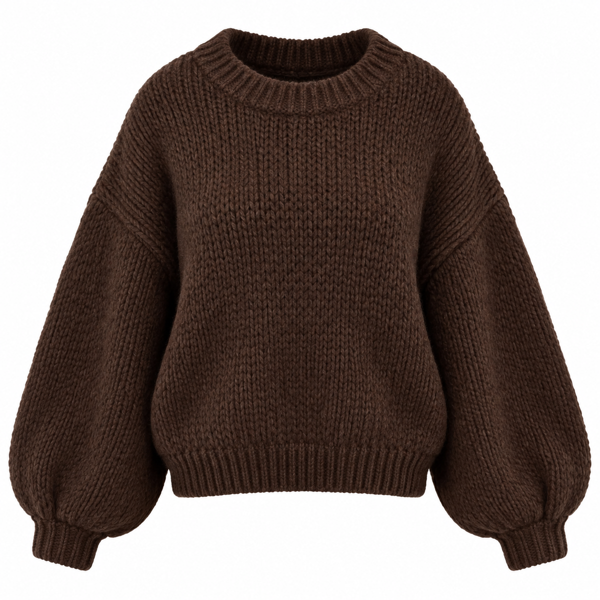 Women's brown ribbed knit jumper with crew neck and long balloon sleeves