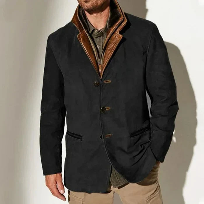 Men's black vintage suede-look jacket with layered collar and button front