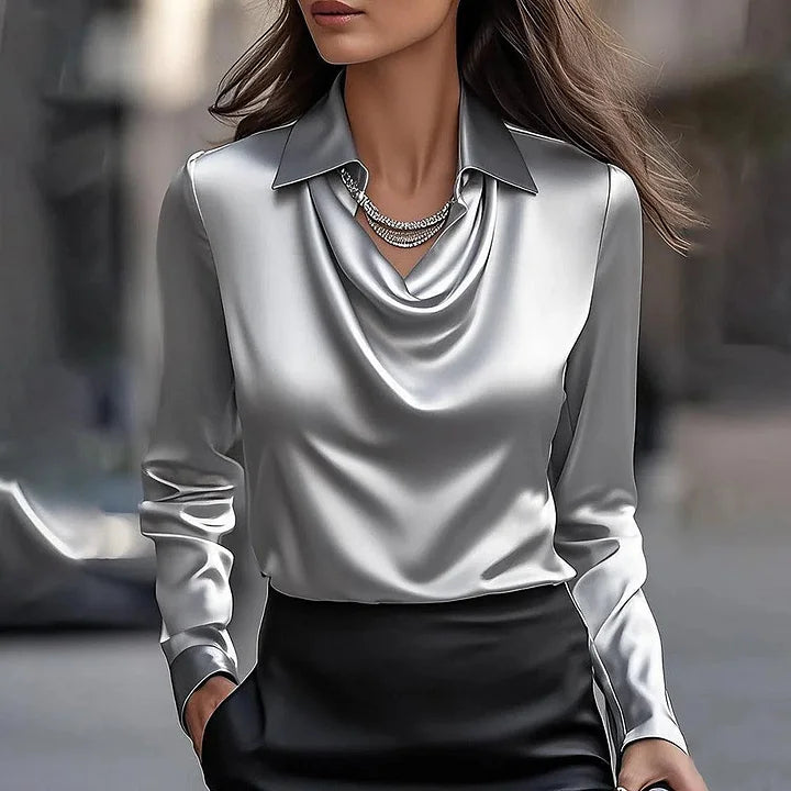 Women's cropped cowl neck blouse with pointed collar