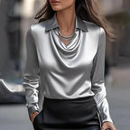 Women's cropped cowl neck blouse with pointed collar