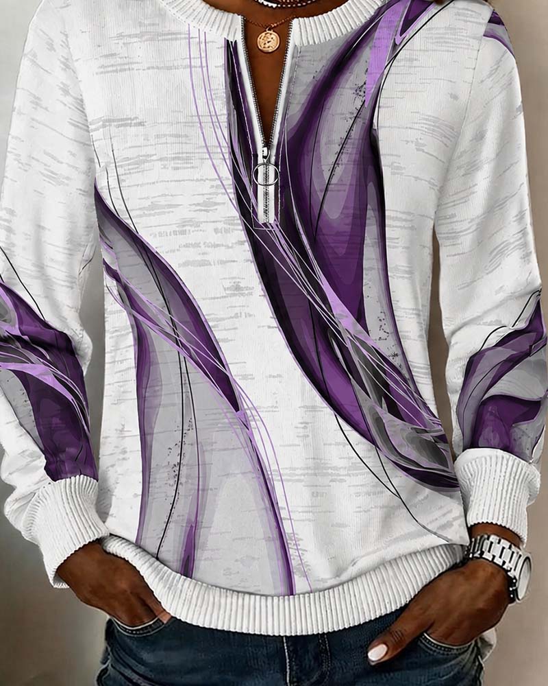 Women's abstract zip-up sweatshirt with ribbed trims and long sleeves