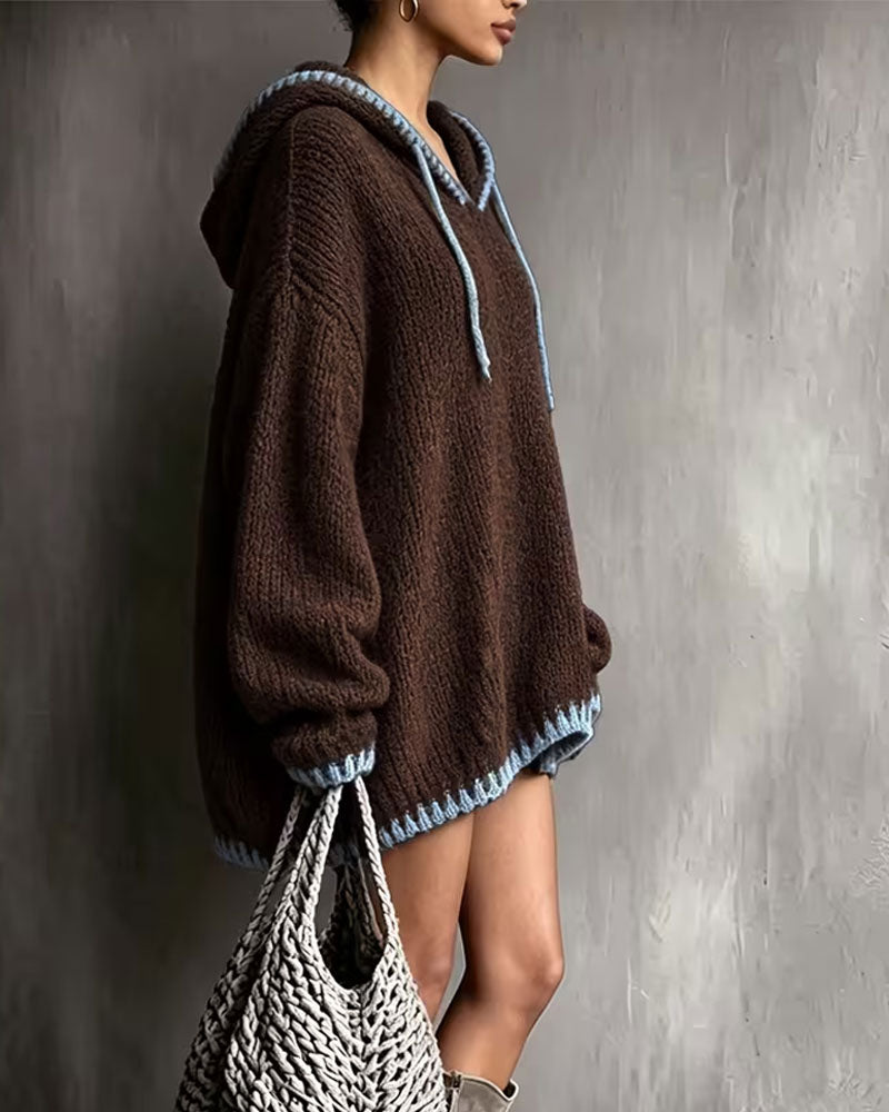 Women's brown hooded knitted mini dress with pale blue contrast trim