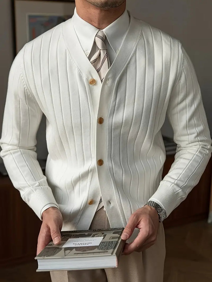 Men's ribbed button cardigan with V-neckline and long sleeves