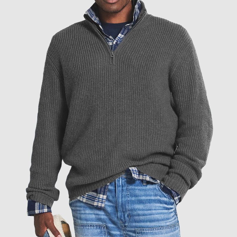 Men's textured ribbed knit sweater with quarter-zip stand collar