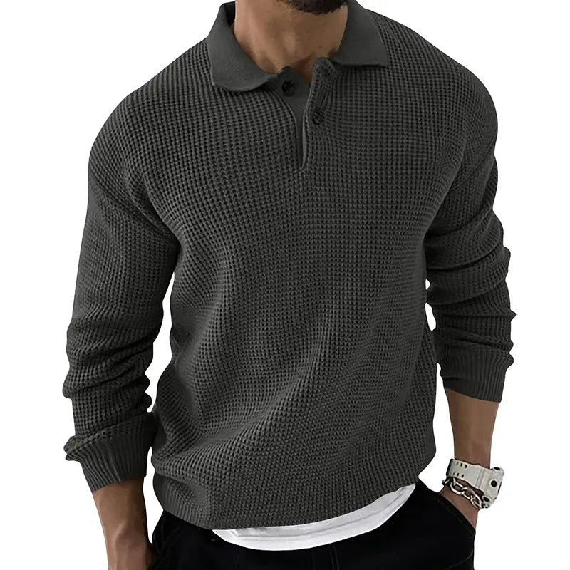 Men's textured knitted jumper with polo collar, buttons and long sleeves