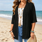 Women's open front textured cardigan with three-quarter sleeves