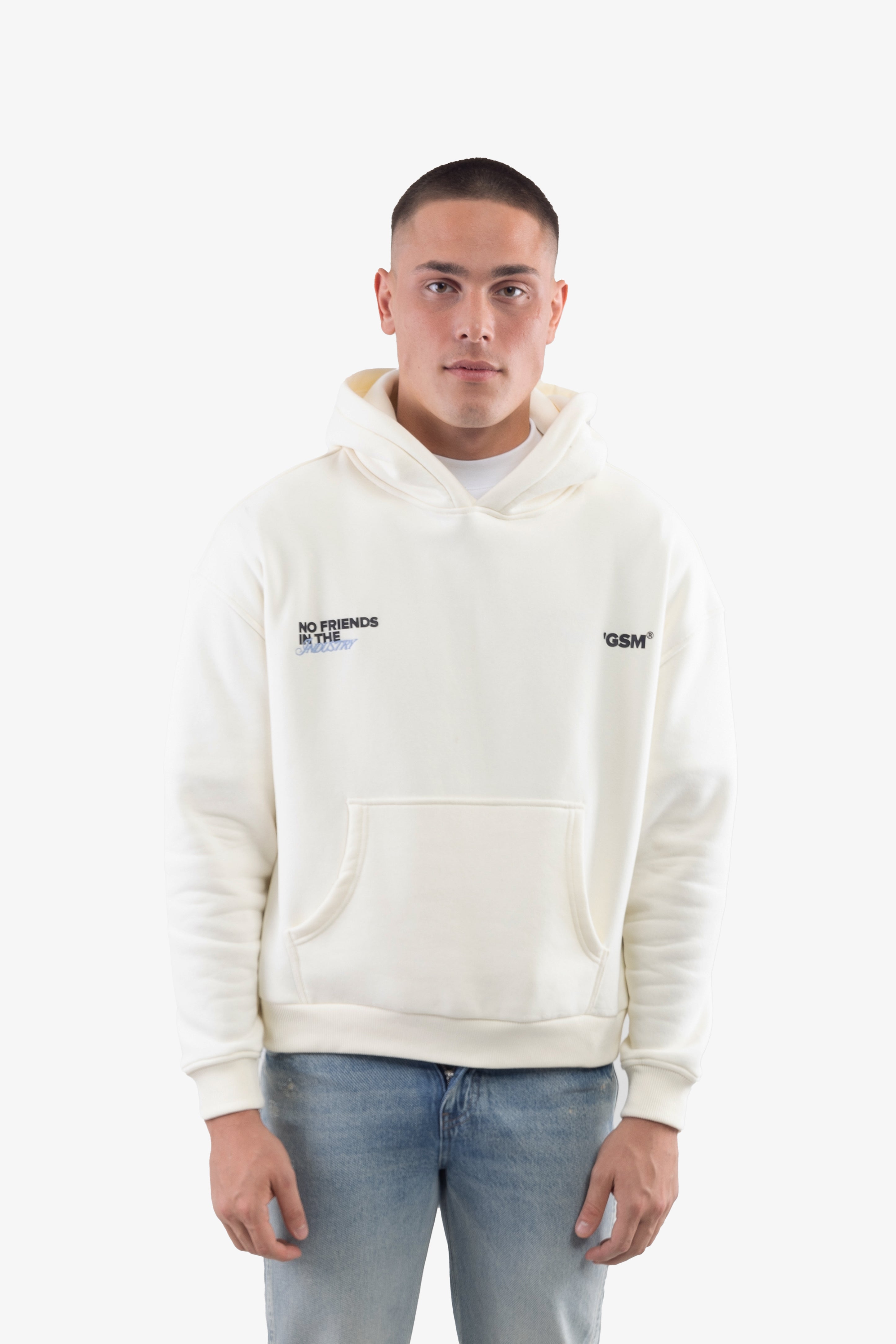 Men's off-white logo hoodie with drawstring hood and kangaroo pocket