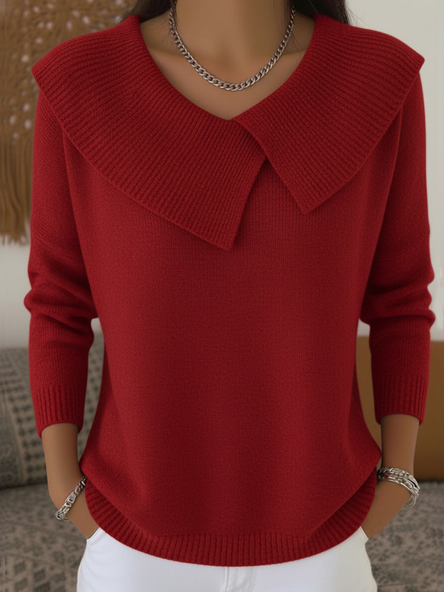 Women's knit sweater with oversized ribbed collar and long sleeves