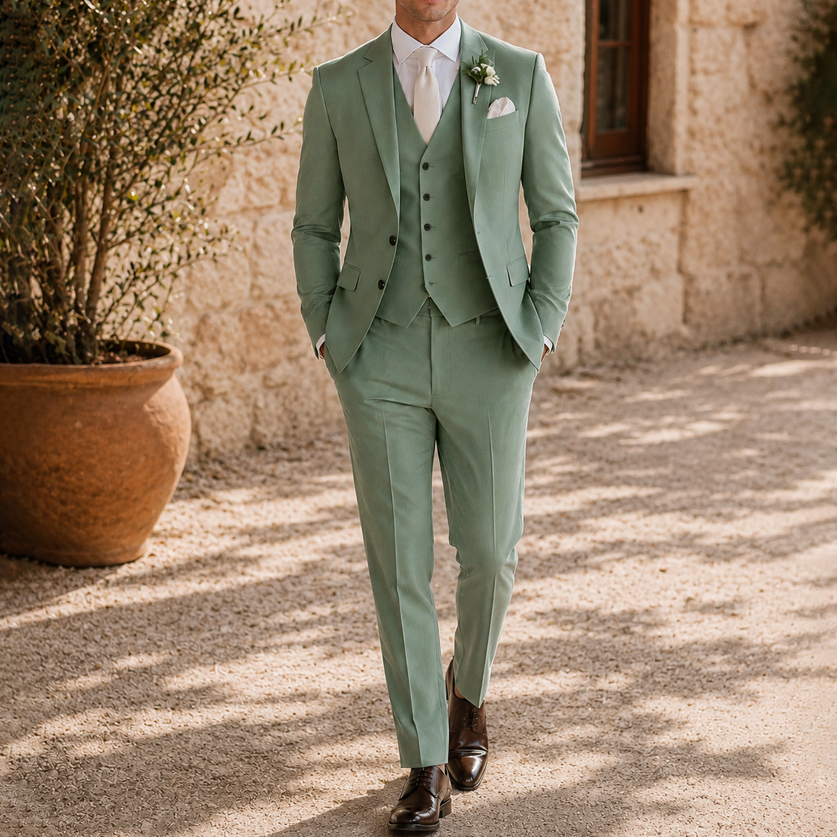 Men's muted green three-piece suit with textured jacket, waistcoat and trousers
