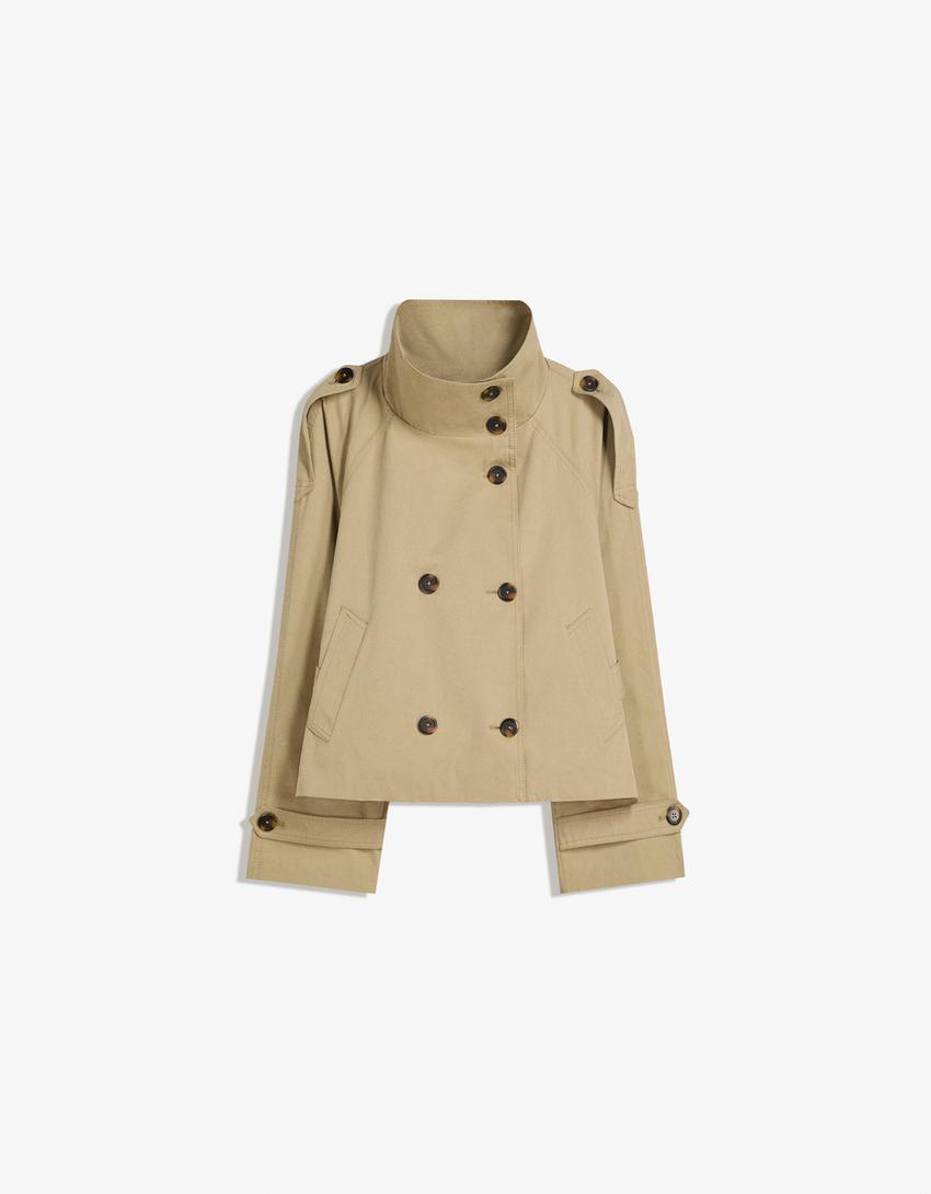 Women's belted trench jacket with high collar, long sleeves and front buttons