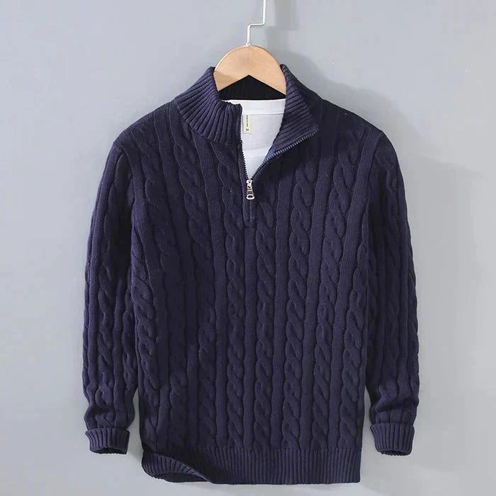 Men's cable knit jumper with mock neck and quarter zip
