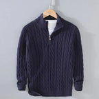 Men's cable knit jumper with mock neck and quarter zip