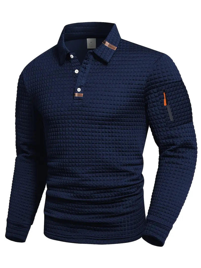 Men's long-sleeve textured quilted polo sweater with button placket and sleeve zip pocket