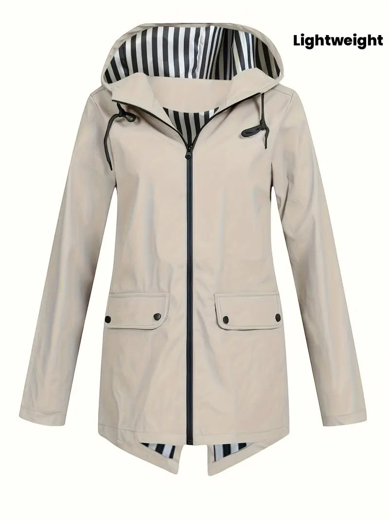 Women's hooded rain jacket with striped lining and flap pockets