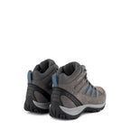 Grey lace-up hiking boots with blue accents and lugged soles
