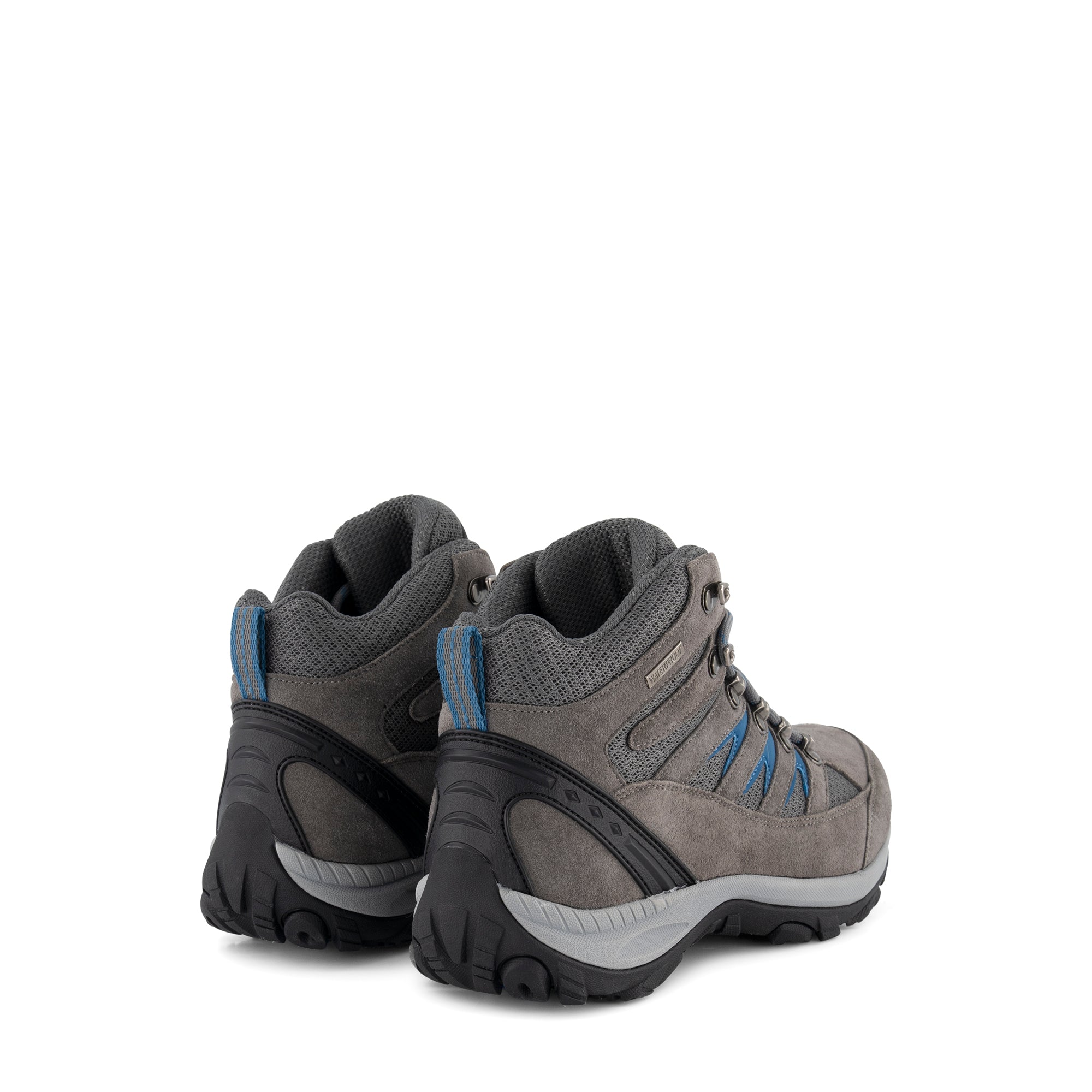 Grey lace-up hiking boots with blue accents and lugged soles