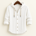 Hooded button-front shirt with long sleeves and curved hem