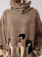 Women's camel hooded sweatshirt with abstract figure print and long sleeves