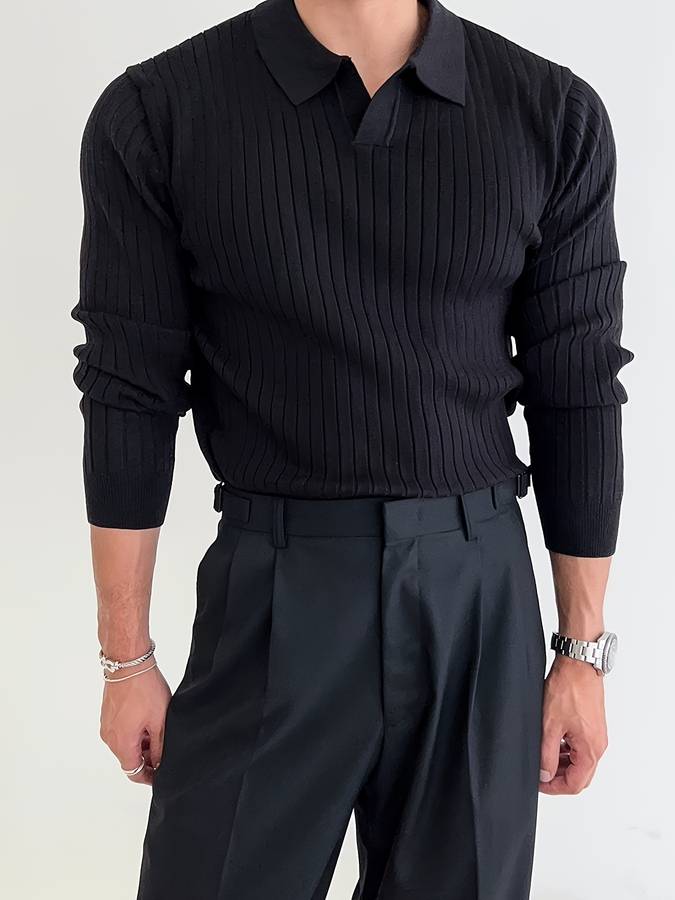 Men's Ribbed Open-Collar Polo Jumper