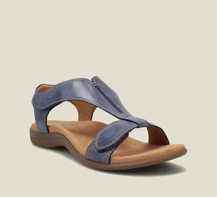 Women's black orthopedic t-strap sandal with adjustable velcro and contoured footbed