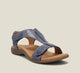 Women's black orthopedic t-strap sandal with adjustable velcro and contoured footbed