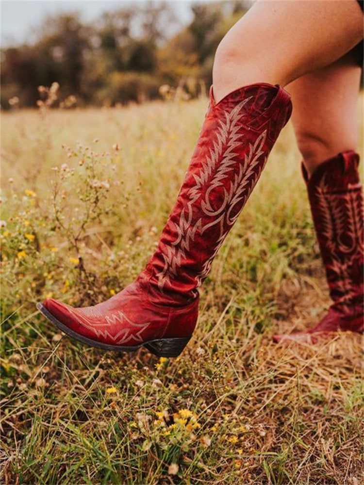 Women's knee-high Western cowboy boots with embroidered shafts