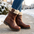 Brown fur-lined ankle boots with cream cuffs and buckle details
