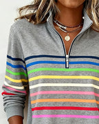 Women's striped quarter zip sweatshirt with mock neck