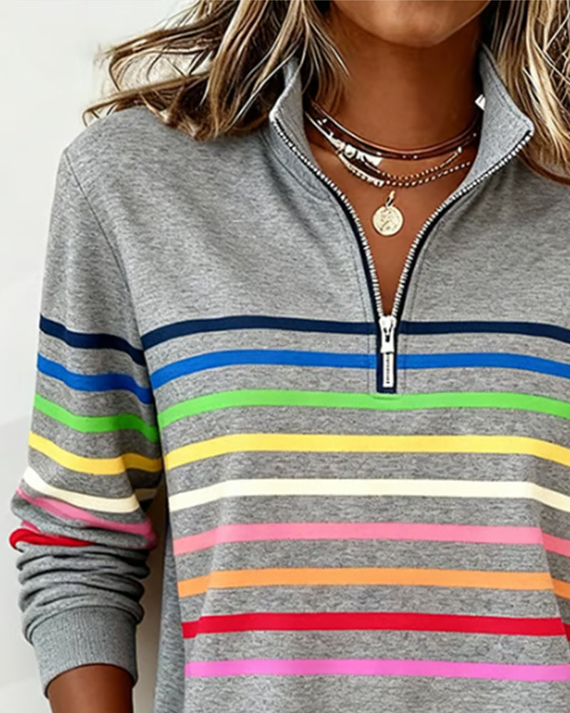 Women's striped quarter zip sweatshirt with mock neck