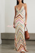 Women's multicoloured herringbone maxi dress with V-neck and spaghetti straps