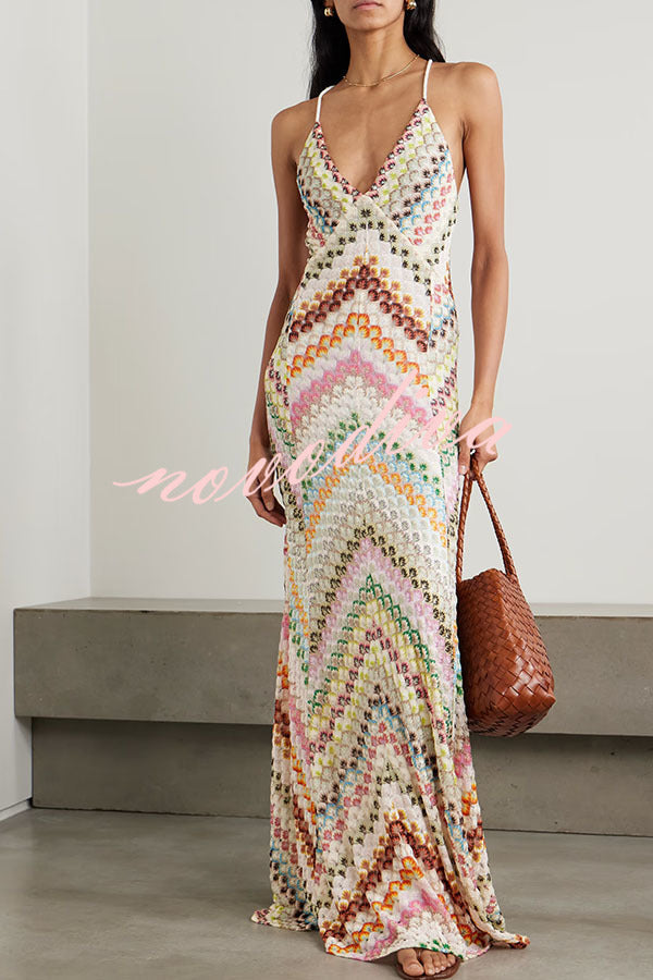 Women's multicoloured herringbone maxi dress with V-neck and spaghetti straps