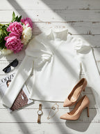 Women's white high neck sweatshirt with asymmetric pleated shoulder