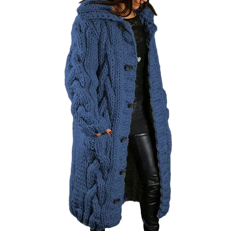 Women's longline hooded cable knit cardigan with button front