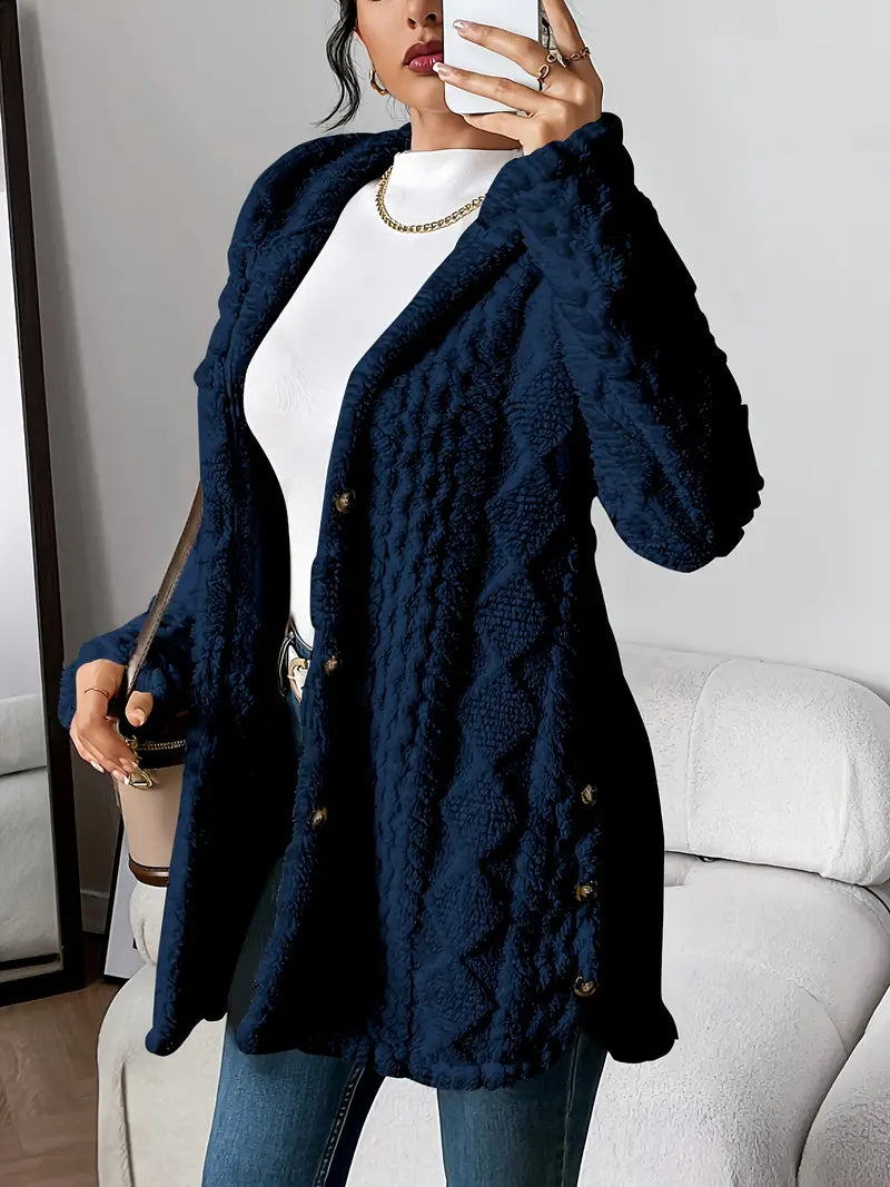 Women's hooded textured cardigan with long sleeves and button front