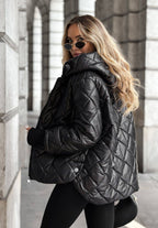 Women's quilted hooded jacket with diamond stitching and zip front