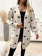 Women's heart print longline cardigan with open front and long sleeves