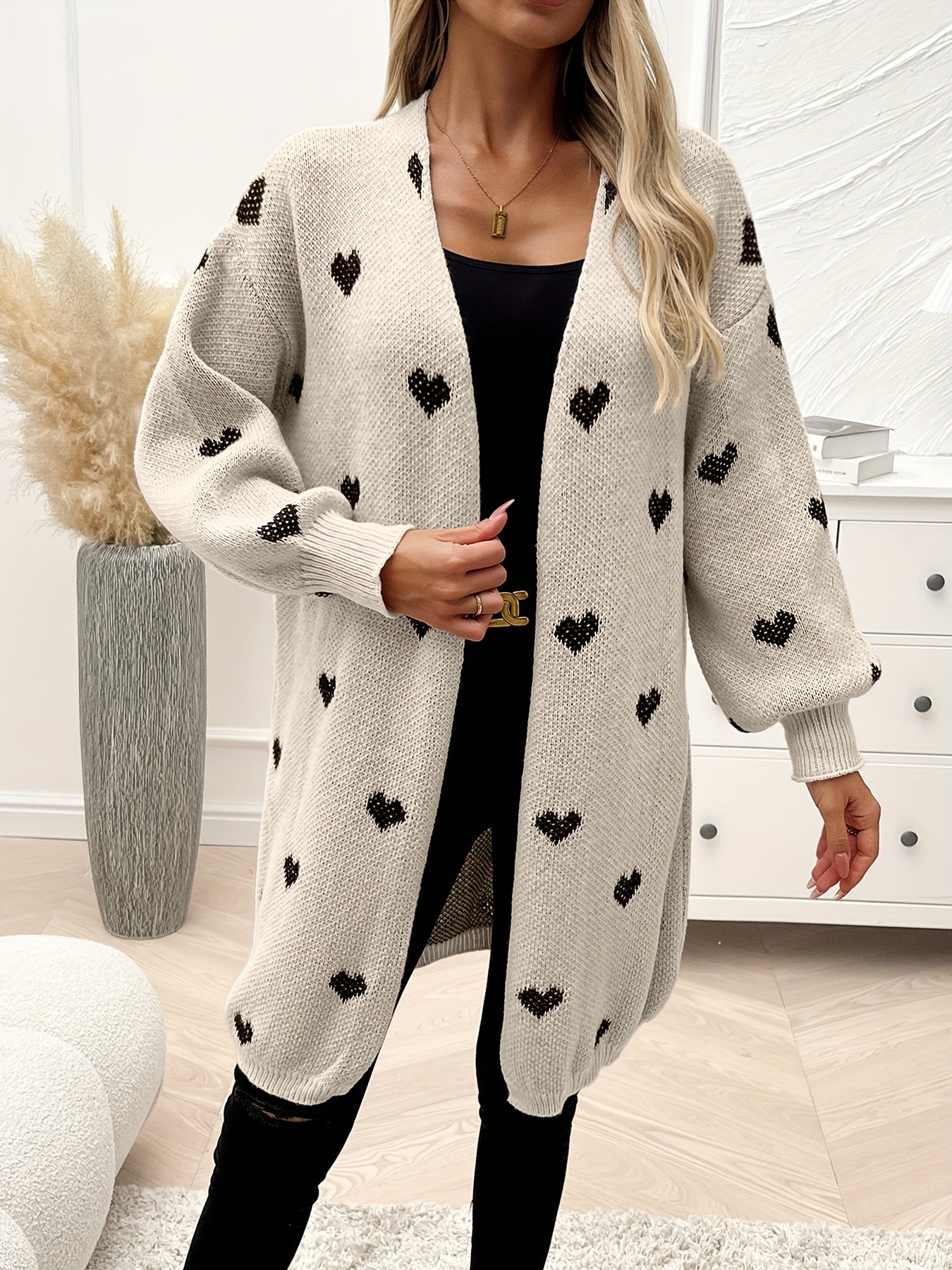 Women's heart print longline cardigan with open front and long sleeves