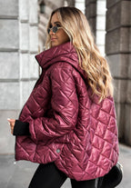 Women's quilted hooded jacket with diamond stitching and zip front
