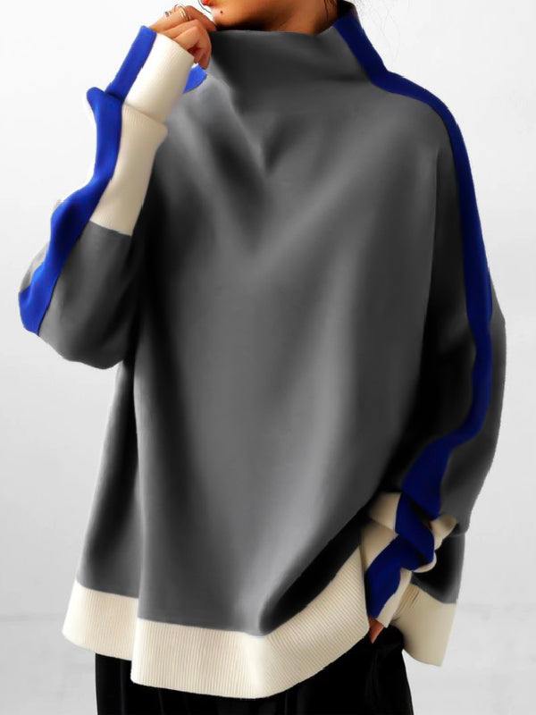 Women's colour-block high neck sweatshirt with long sleeves and contrast panels