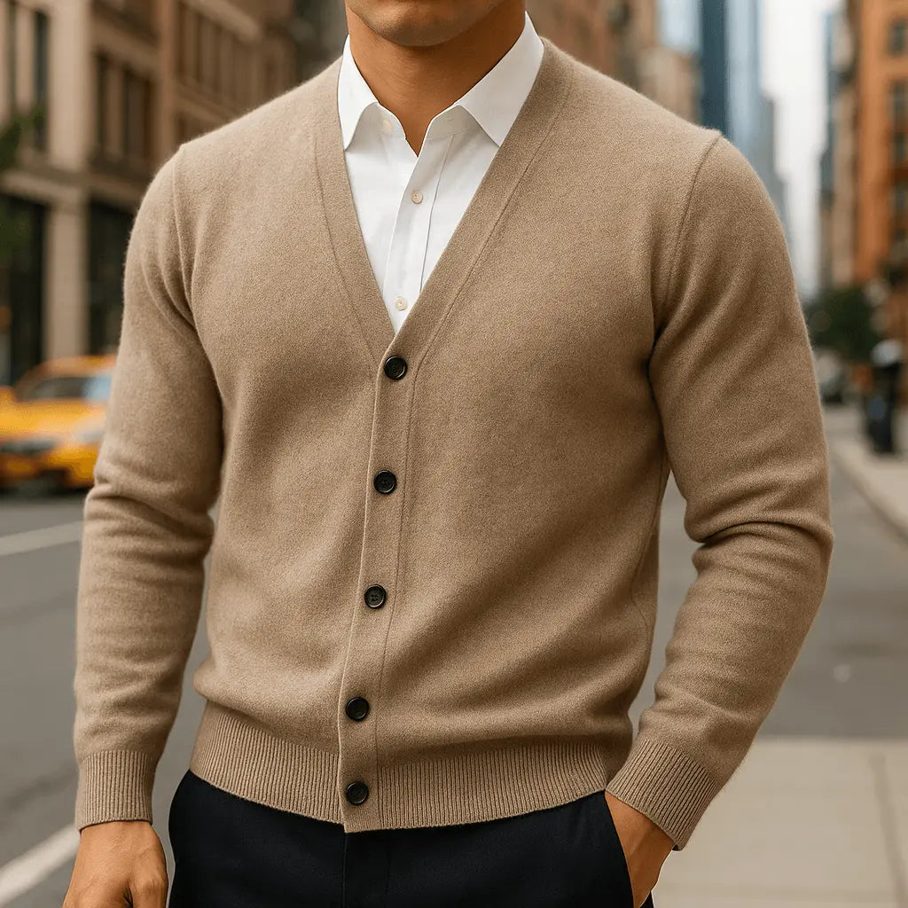 Men's V-neck button cardigan with long sleeves and ribbed trims
